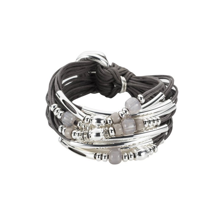 Silver Tube Bracelet With Cotton Cord, Beads & Crystal Rondels | Slate Grey
